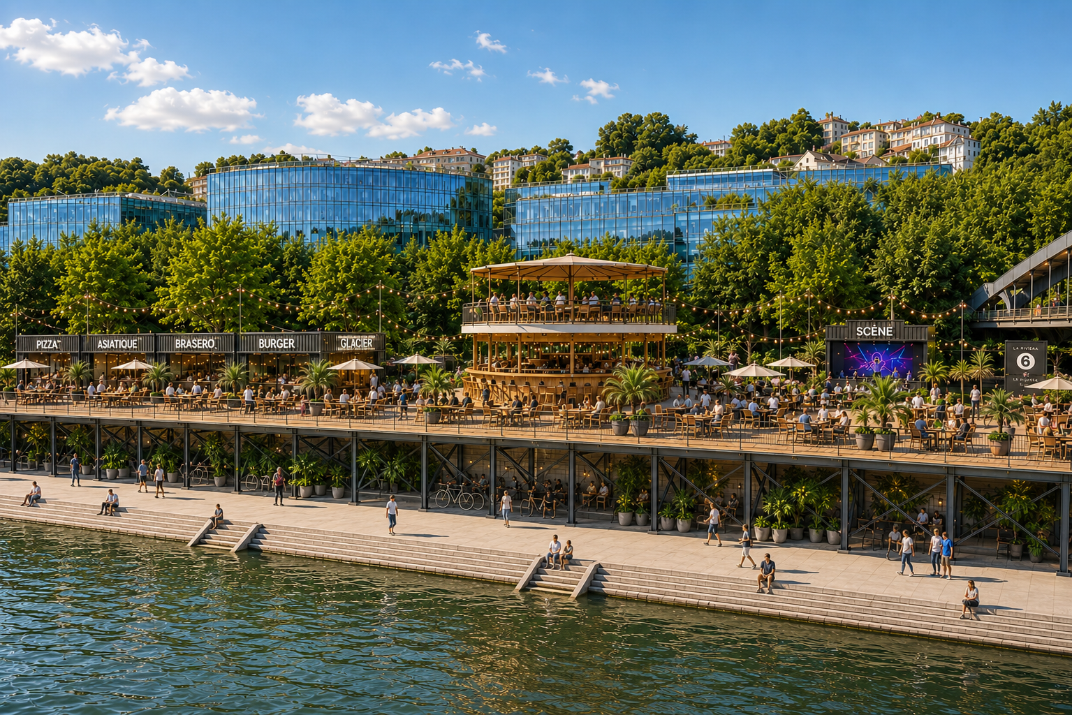 La Riviera — vue panoramique du village méditerranéen éphémère sur les bords de Seine